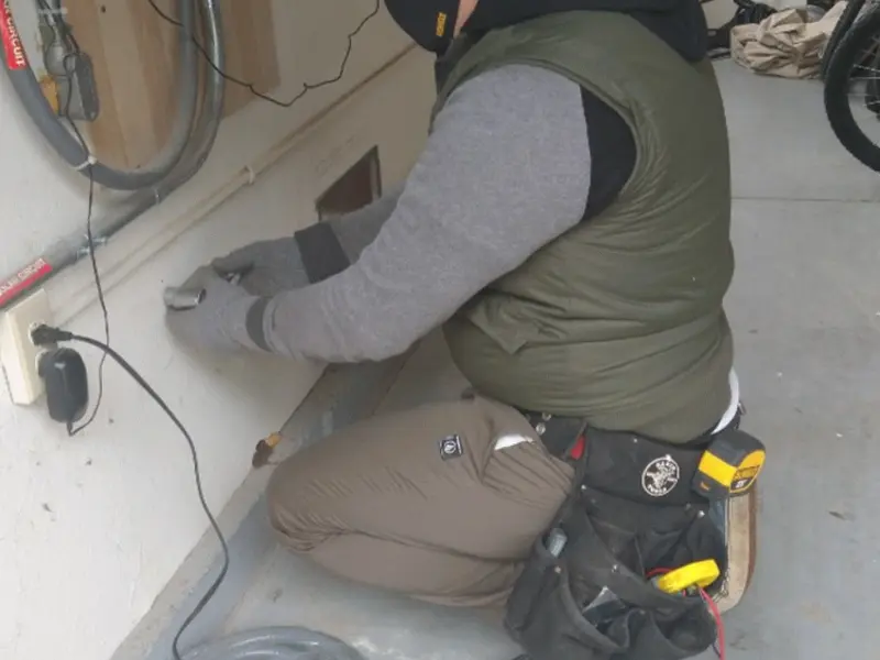 Electrician performing outlet wiring in a Parkville garage